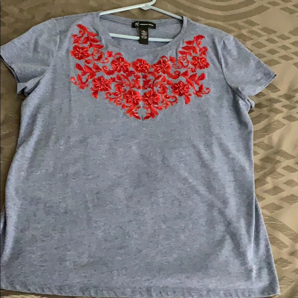 Blue with red floral detail shirt